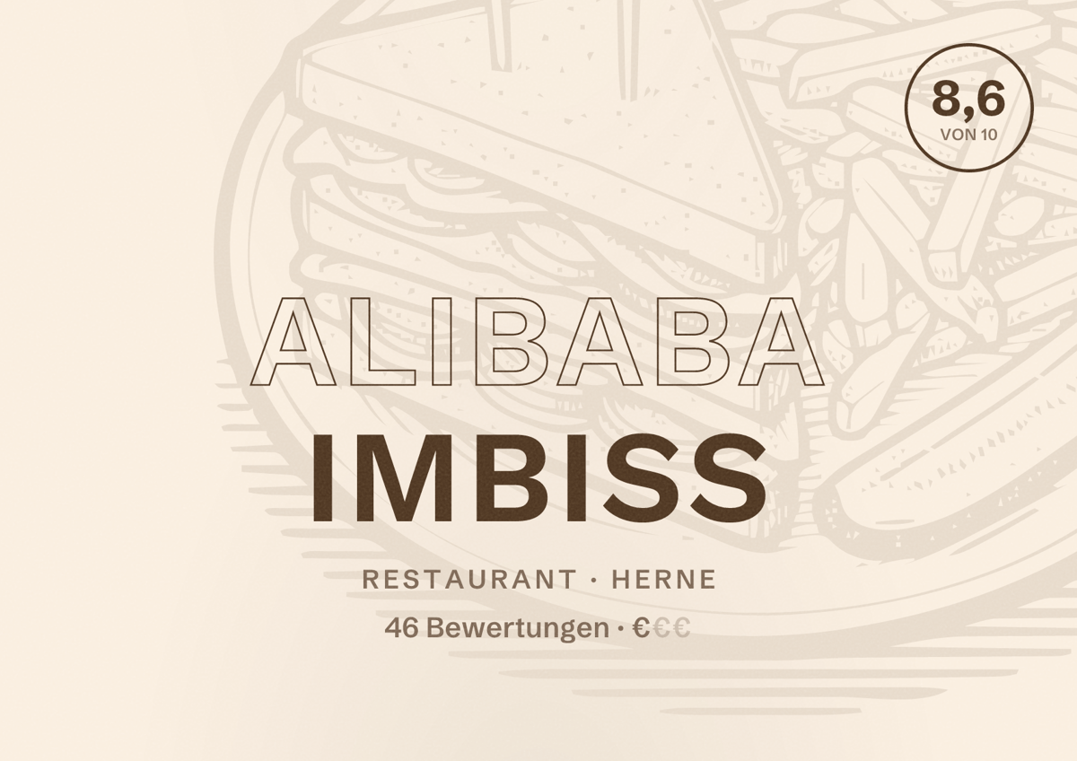 Illustriertes Poster von Alibaba Imbiss, Restaurant in Herne: Bewertung 8,6 von 10 aus 46 Bewertungen, Preisniveau €