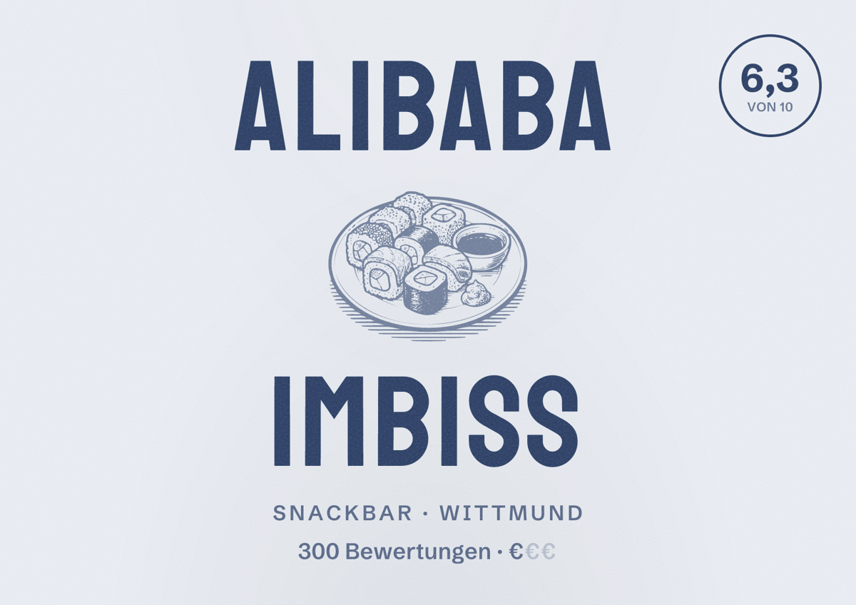 Illustriertes Poster von Alibaba Imbiss, Snackbar in Wittmund: Bewertung 6,3 von 10 aus 300 Bewertungen, Preisniveau €