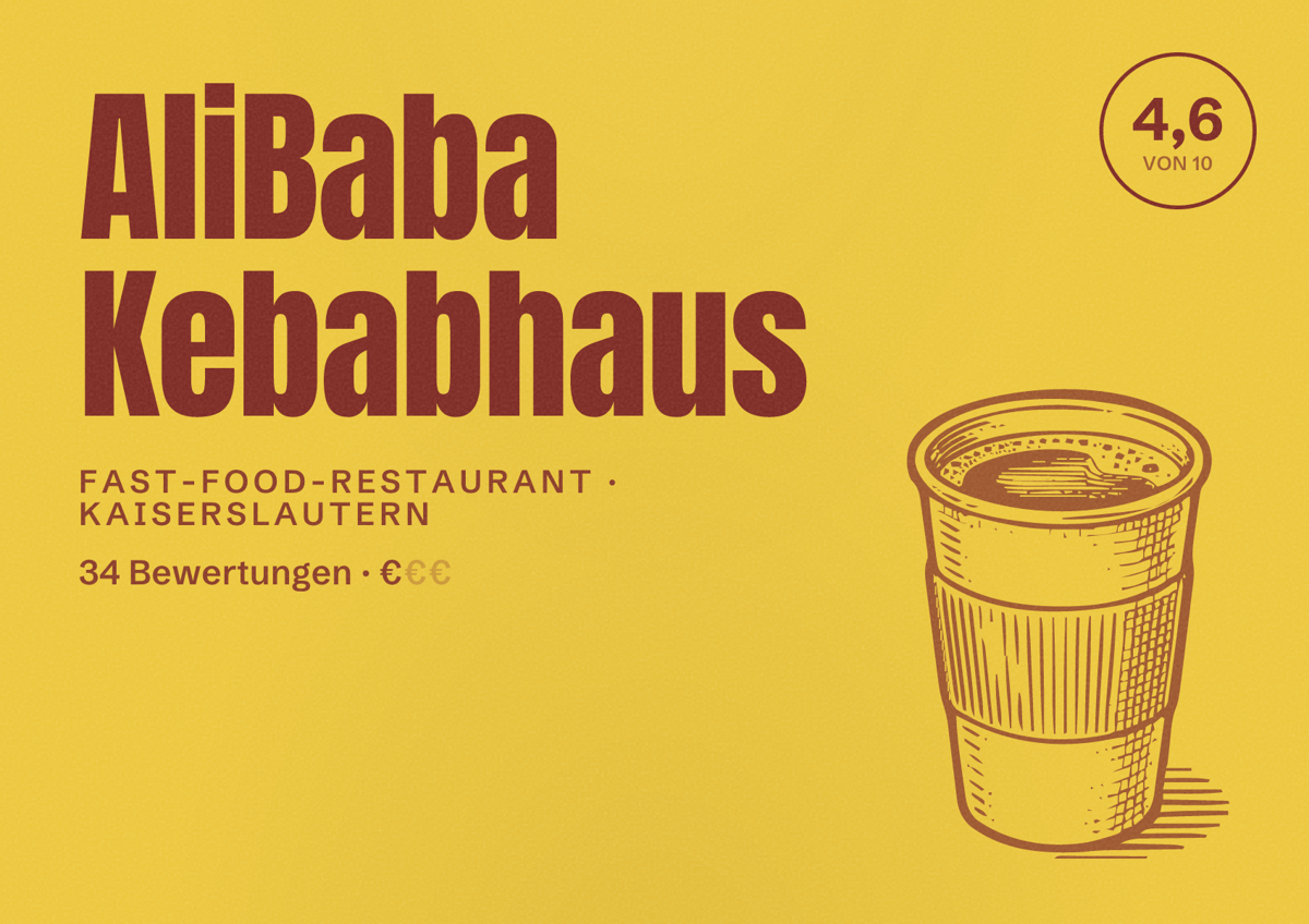 Illustriertes Poster von AliBaba Kebabhaus, Fast-Food-Restaurant in Kaiserslautern: Bewertung 4,6 von 10 aus 34 Bewertungen, Preisniveau €