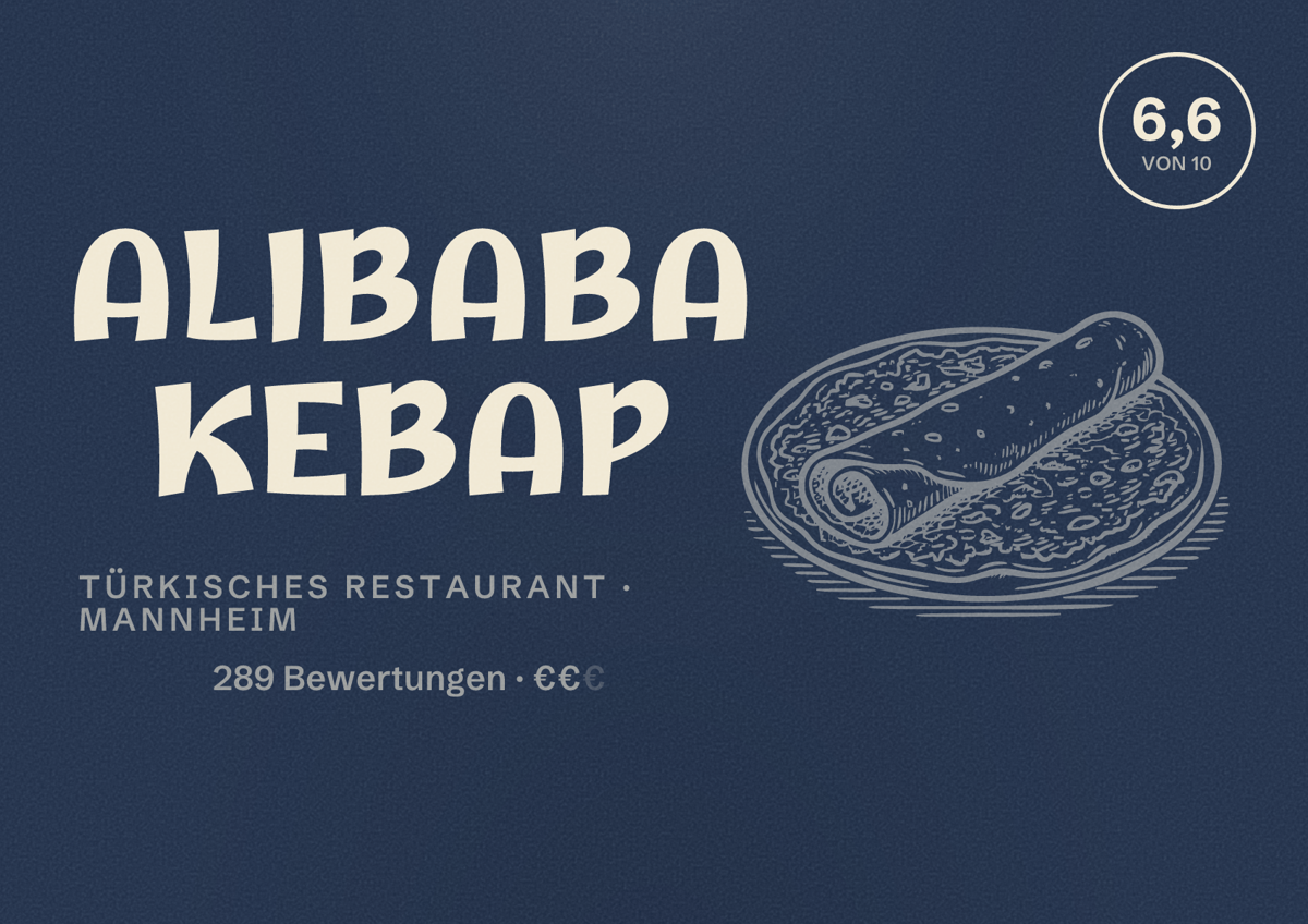 Illustriertes Poster von ALIBABA KEBAP, Türkisches Restaurant in Mannheim: Bewertung 6,6 von 10 aus 289 Bewertungen, Preisniveau €€