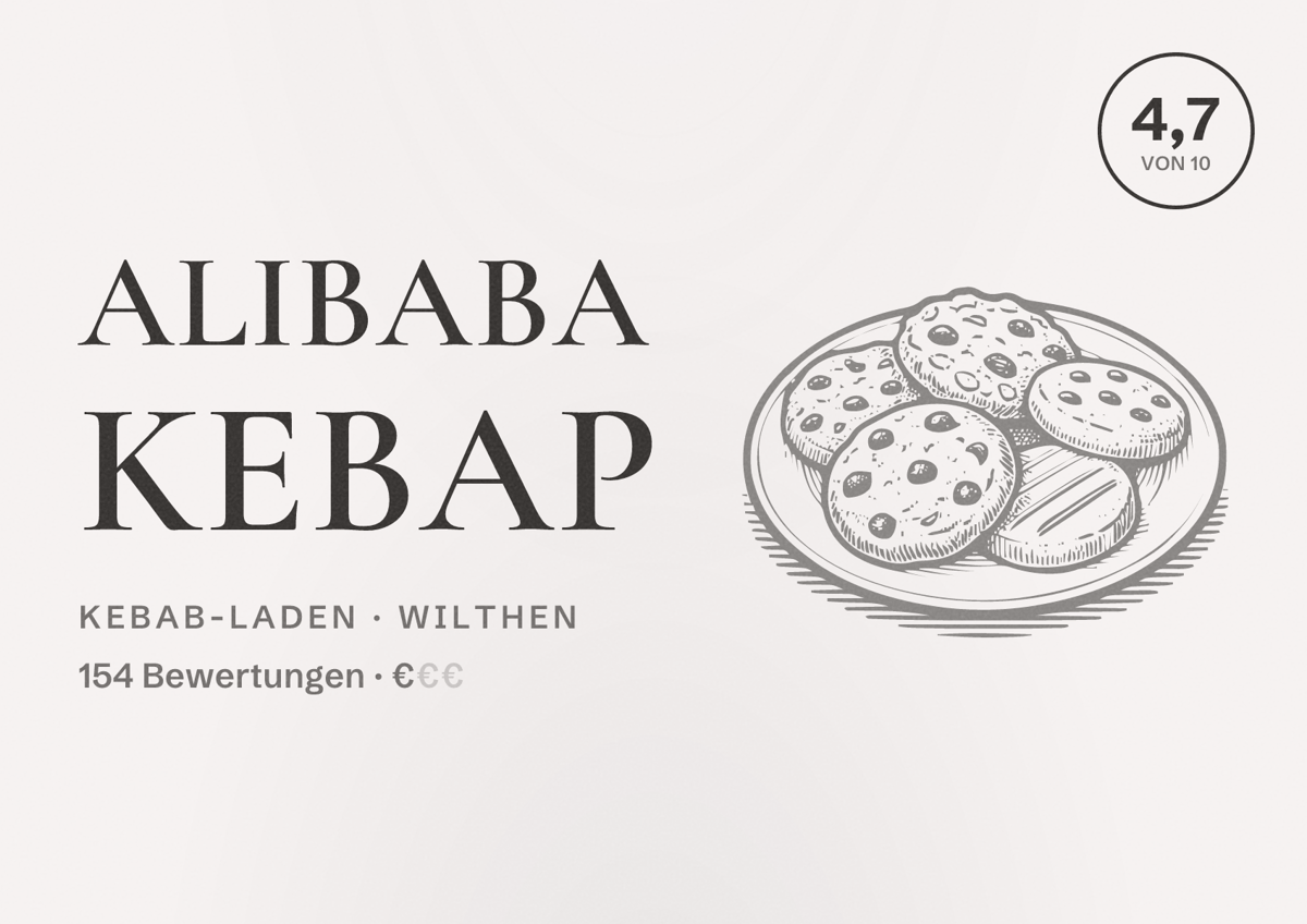 Illustriertes Poster von Alibaba Kebap, Kebab-Laden in Wilthen: Bewertung 4,7 von 10 aus 154 Bewertungen, Preisniveau €