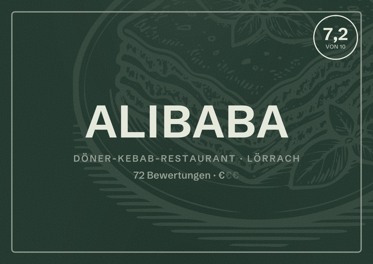 Illustriertes Poster von ALIBABA, Döner-Kebab-Restaurant in Lörrach: Bewertung 7,2 von 10 aus 72 Bewertungen, Preisniveau €