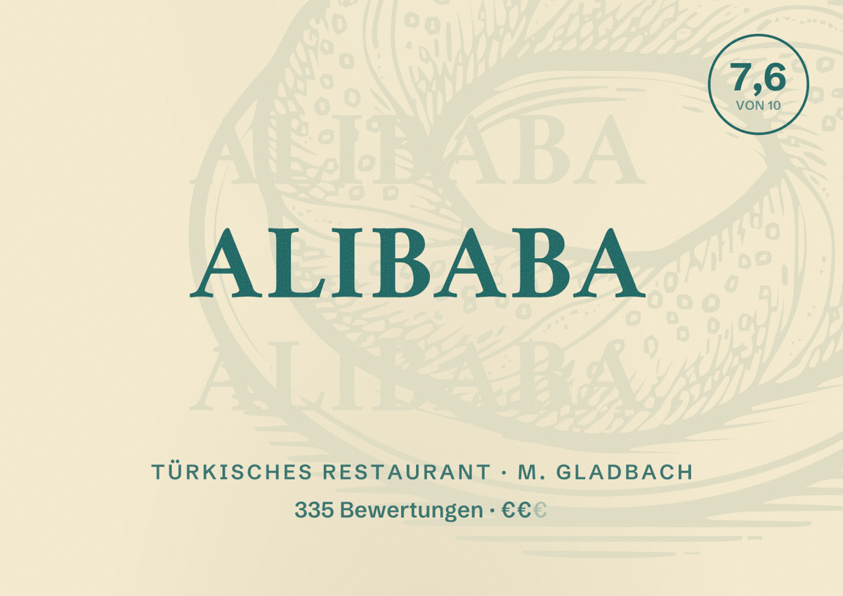 Illustriertes Poster von Alibaba, Türkisches Restaurant in M. Gladbach: Bewertung 7,6 von 10 aus 335 Bewertungen, Preisniveau €€