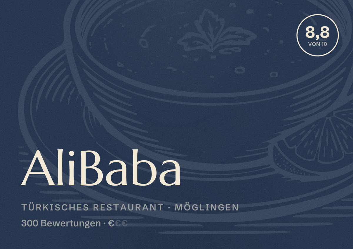 Illustriertes Poster von AliBaba, Türkisches Restaurant in Möglingen: Bewertung 8,8 von 10 aus 300 Bewertungen, Preisniveau €