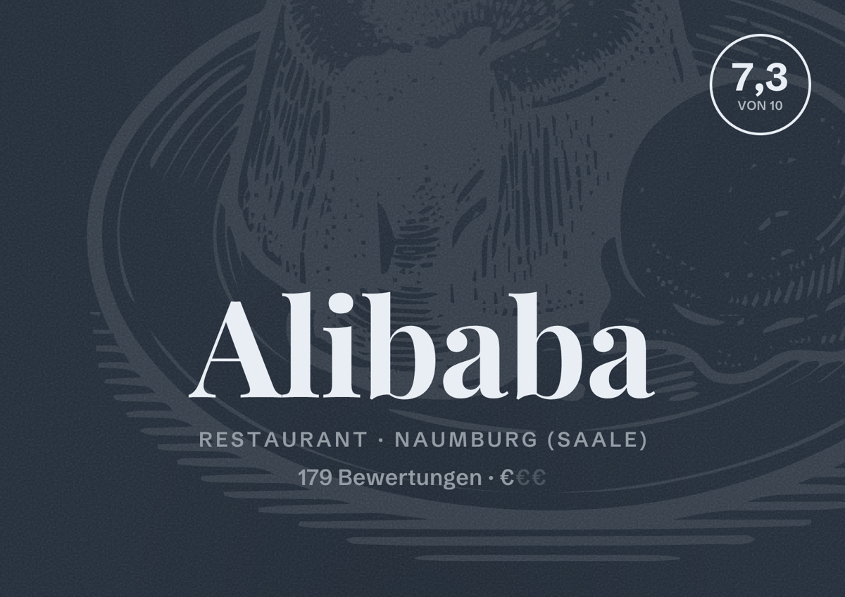 Illustriertes Poster von Alibaba, Restaurant in Naumburg (Saale): Bewertung 7,3 von 10 aus 179 Bewertungen, Preisniveau €
