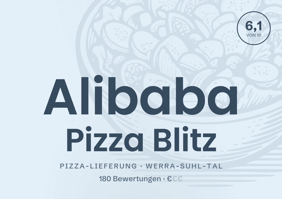 Illustriertes Poster von Alibaba Pizza Blitz, Pizza-Lieferung in Werra-Suhl-Tal: Bewertung 6,1 von 10 aus 180 Bewertungen, Preisniveau €
