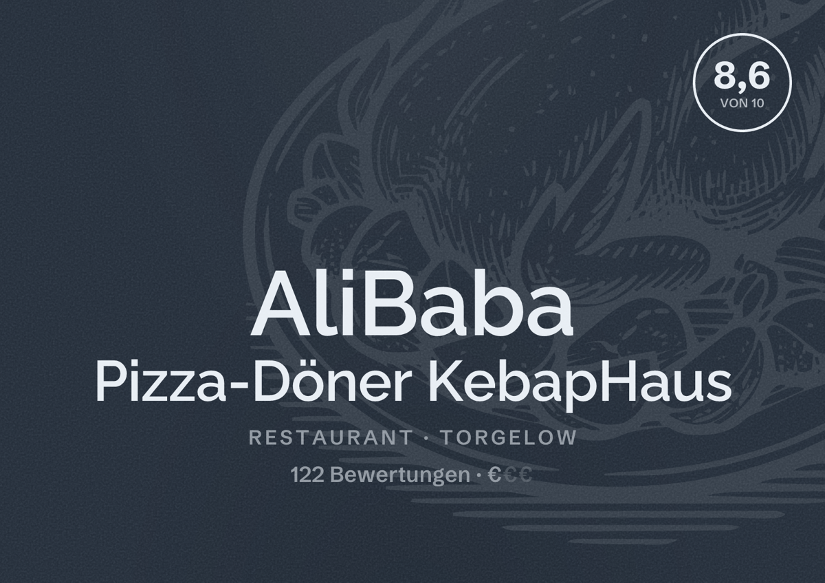 Illustriertes Poster von AliBaba Pizza-Döner KebapHaus, Restaurant in Torgelow: Bewertung 8,6 von 10 aus 122 Bewertungen, Preisniveau €