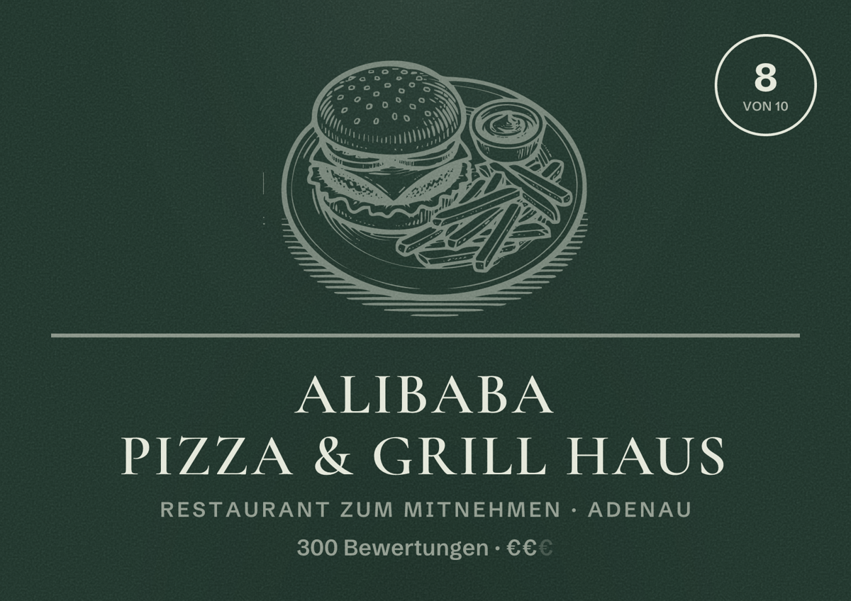 Illustriertes Poster von Alibaba Pizza & Grill Haus, Restaurant zum Mitnehmen in Adenau: Bewertung 8 von 10 aus 300 Bewertungen, Preisniveau €€