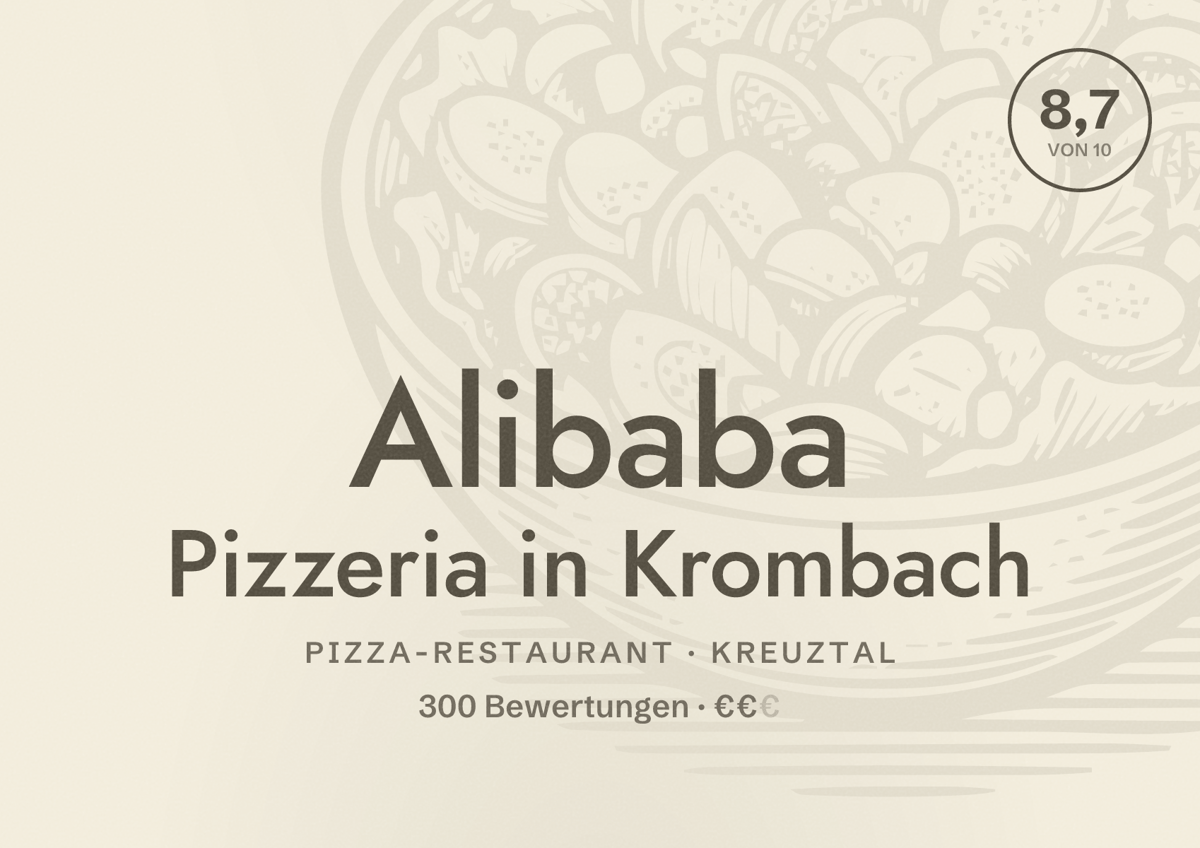 Illustriertes Poster von Alibaba Pizzeria in Krombach, Pizza-Restaurant in Kreuztal: Bewertung 8,7 von 10 aus 300 Bewertungen, Preisniveau €€