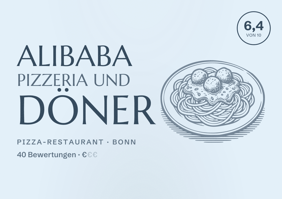 Illustriertes Poster von Alibaba Pizzeria und Döner, Pizza-Restaurant in Bonn: Bewertung 6,4 von 10 aus 40 Bewertungen, Preisniveau €
