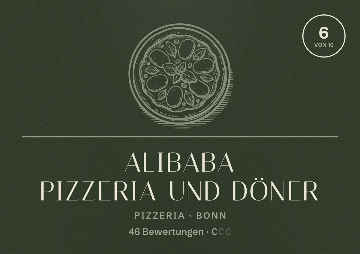 Illustriertes Poster von Alibaba Pizzeria und Döner, Pizzeria in Bonn: Bewertung 6 von 10 aus 46 Bewertungen, Preisniveau €