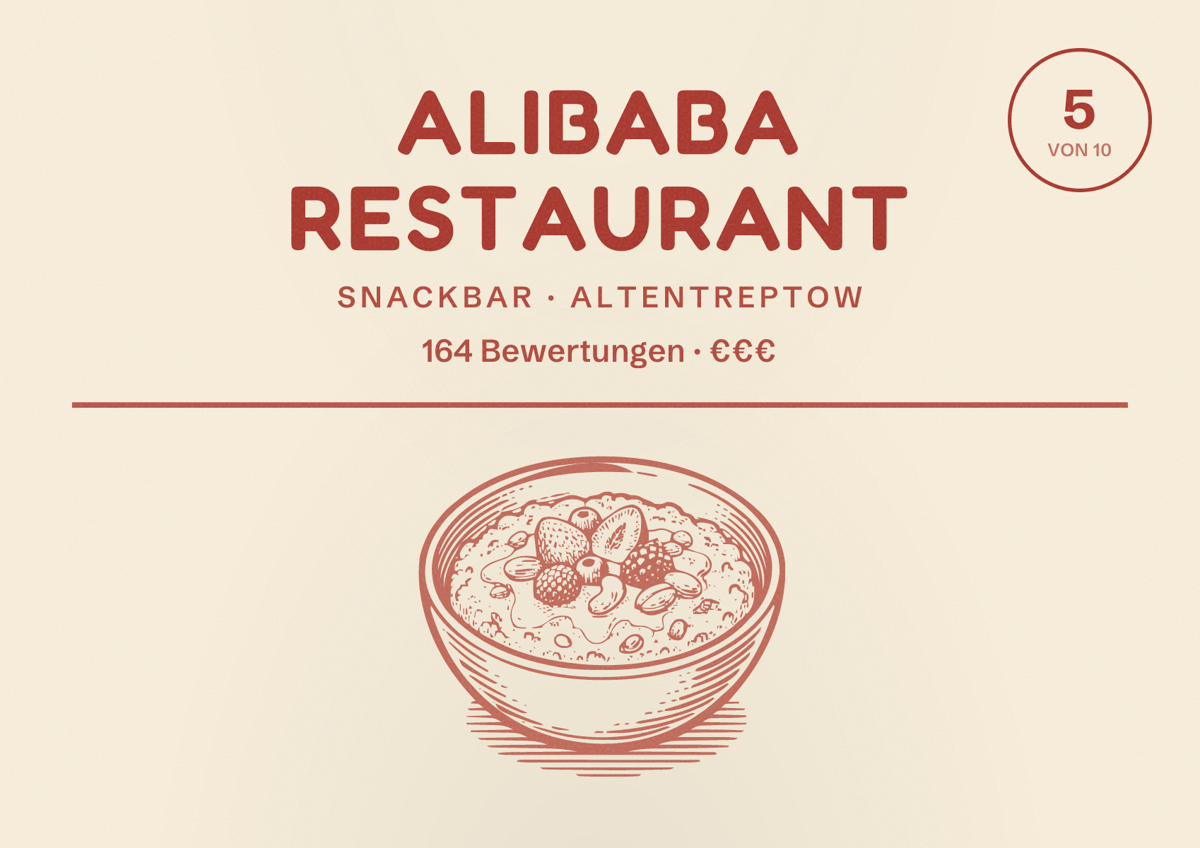 Illustriertes Poster von Alibaba Restaurant, Snackbar in Altentreptow: Bewertung 5 von 10 aus 164 Bewertungen, Preisniveau €€€