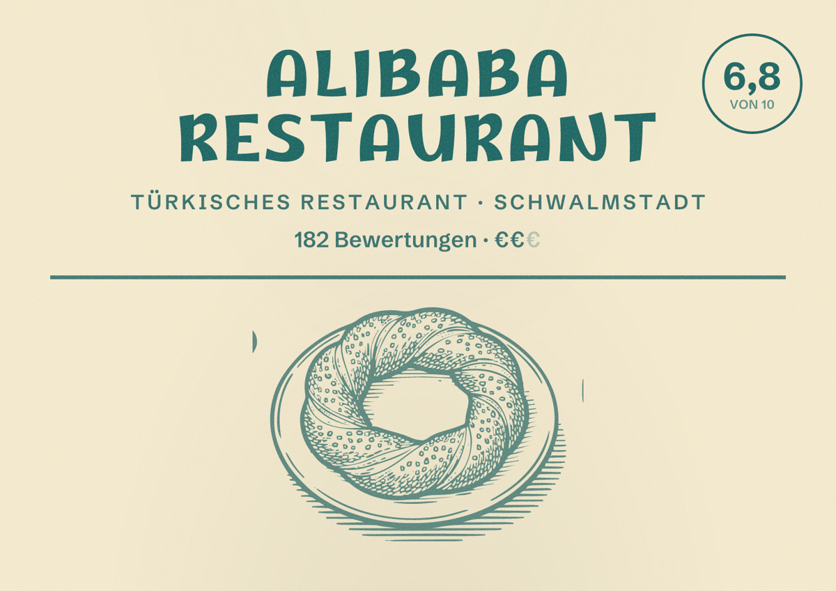 Illustriertes Poster von Alibaba Restaurant, Türkisches Restaurant in Schwalmstadt: Bewertung 6,8 von 10 aus 182 Bewertungen, Preisniveau €€