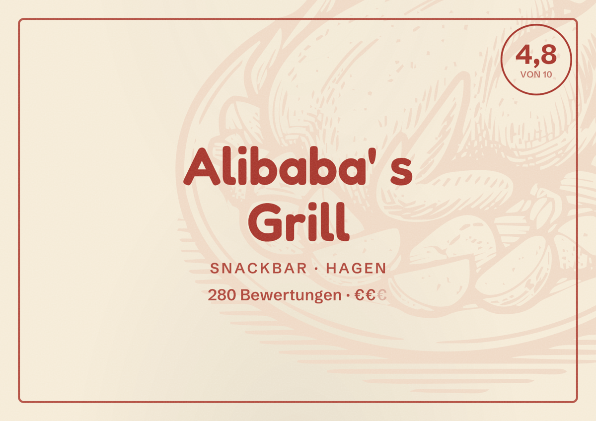 Illustriertes Poster von Alibaba' s Grill, Snackbar in Hagen: Bewertung 4,8 von 10 aus 280 Bewertungen, Preisniveau €€