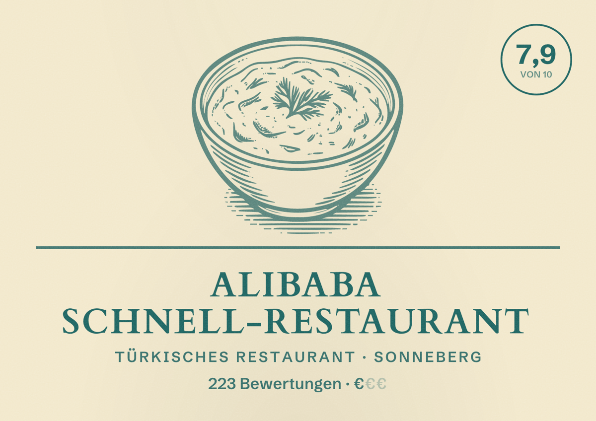 Illustriertes Poster von Alibaba Schnell-Restaurant, Türkisches Restaurant in Sonneberg: Bewertung 7,9 von 10 aus 223 Bewertungen, Preisniveau €
