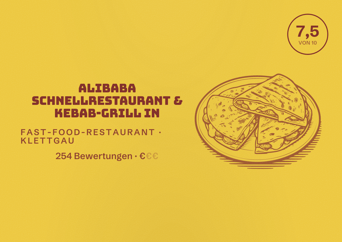 Illustriertes Poster von Alibaba Schnellrestaurant & Kebab-Grill in, Fast-Food-Restaurant in Klettgau: Bewertung 7,5 von 10 aus 254 Bewertungen, Preisniveau €