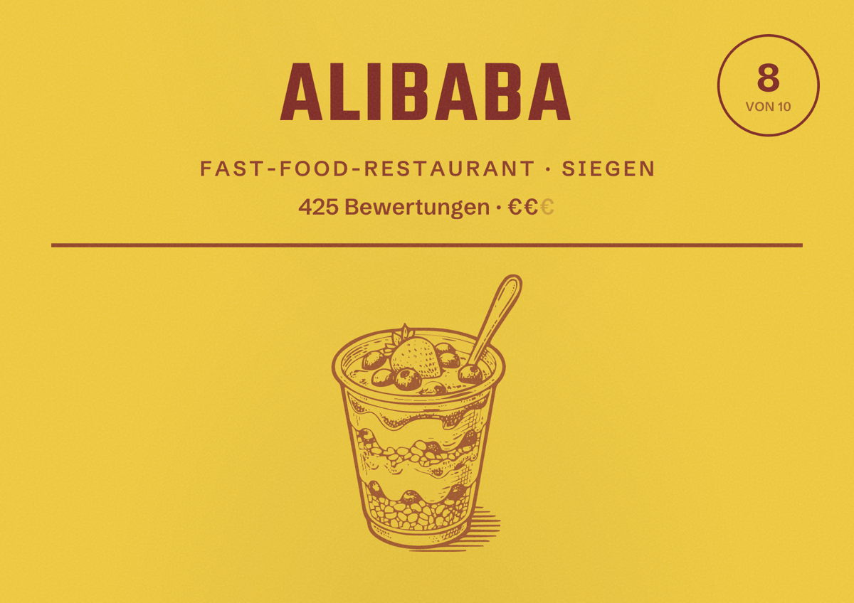 Illustriertes Poster von AliBaba, Fast-Food-Restaurant in Siegen: Bewertung 8 von 10 aus 425 Bewertungen, Preisniveau €€