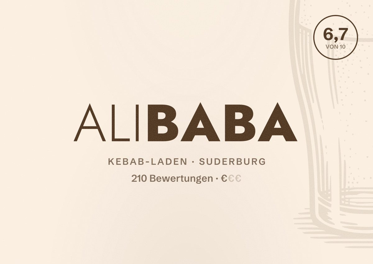 Illustriertes Poster von Alibaba, Kebab-Laden in Suderburg: Bewertung 6,7 von 10 aus 210 Bewertungen, Preisniveau €