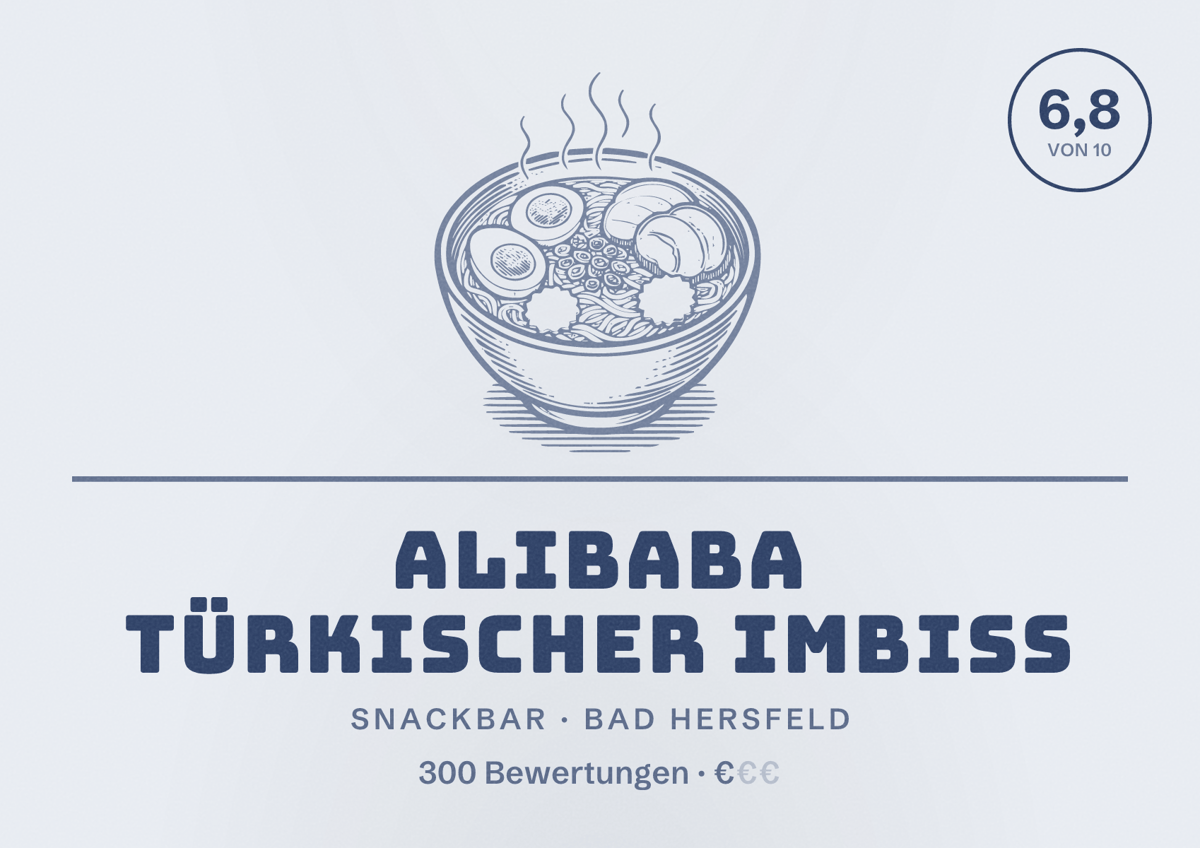 Illustriertes Poster von Alibaba Türkischer Imbiss, Snackbar in Bad Hersfeld: Bewertung 6,8 von 10 aus 300 Bewertungen, Preisniveau €
