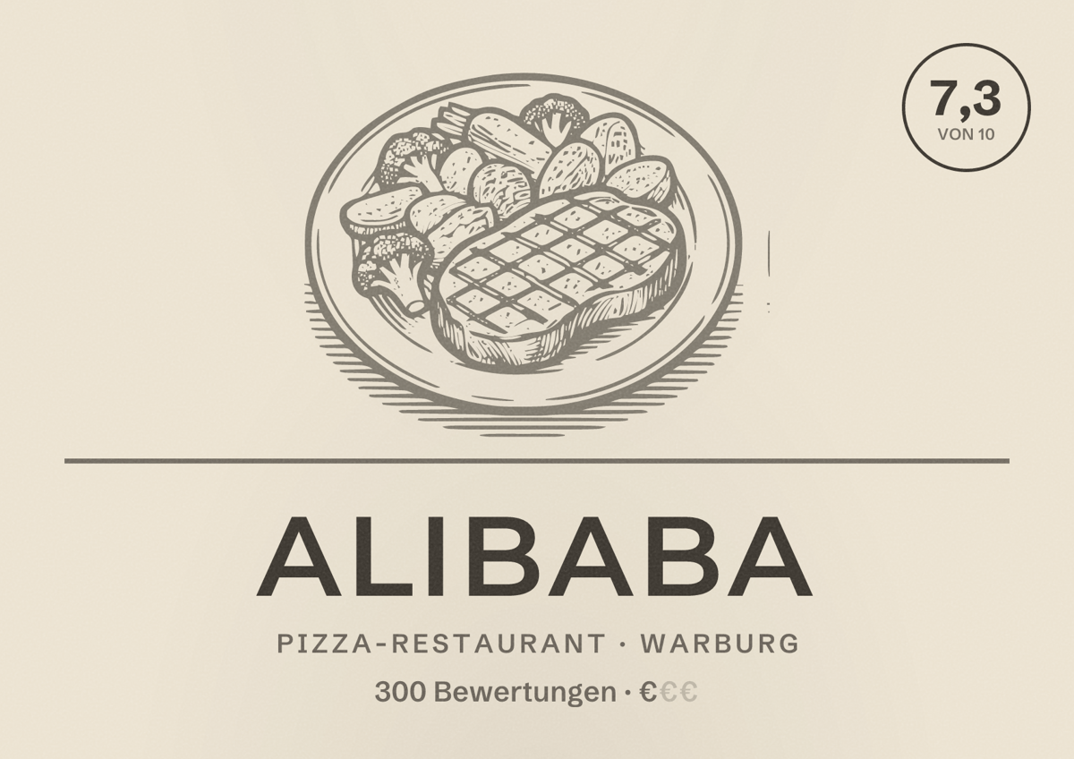 Illustriertes Poster von Alibaba, Pizza-Restaurant in Warburg: Bewertung 7,3 von 10 aus 300 Bewertungen, Preisniveau €