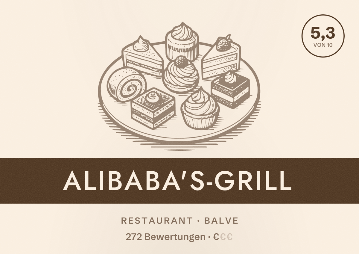 Illustriertes Poster von Alibaba's-Grill, Restaurant in Balve: Bewertung 5,3 von 10 aus 272 Bewertungen, Preisniveau €