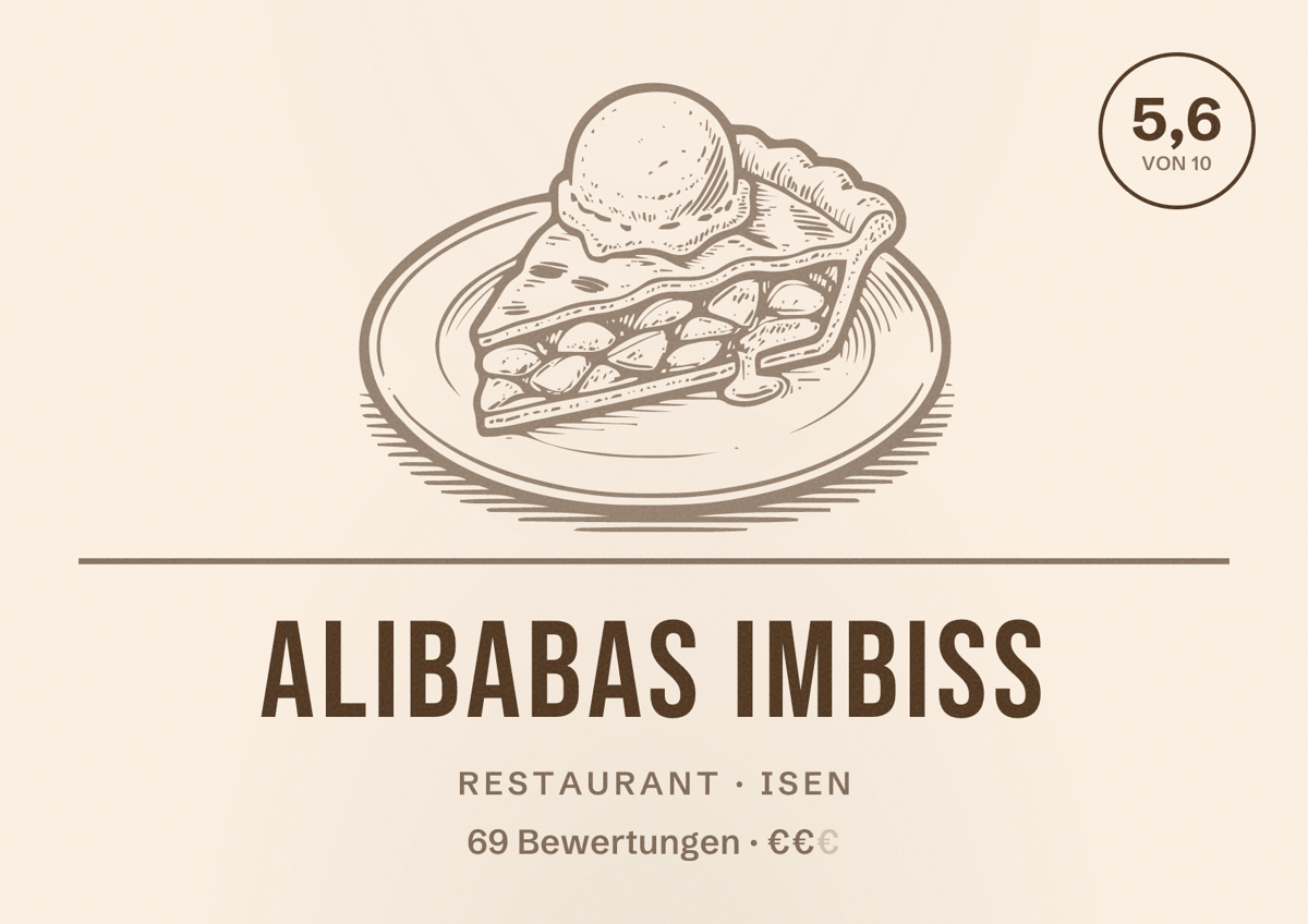 Illustriertes Poster von Alibabas Imbiss, Restaurant in Isen: Bewertung 5,6 von 10 aus 69 Bewertungen, Preisniveau €€