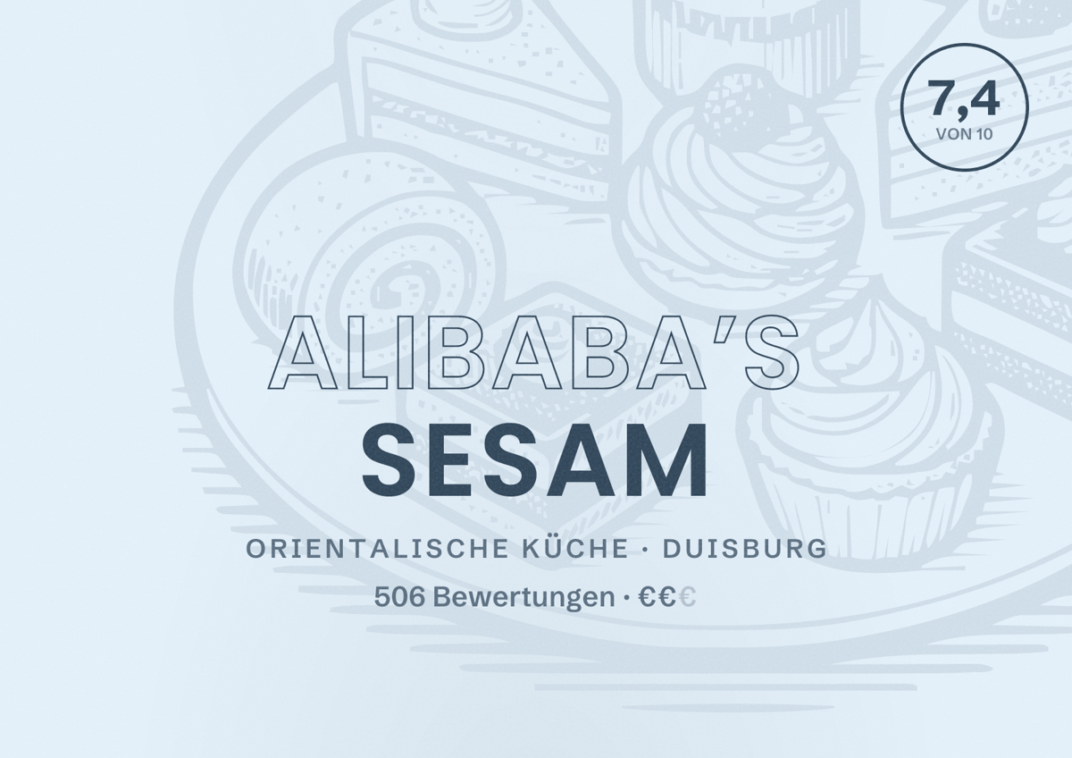 Illustriertes Poster von AliBaba’s Sesam, Orientalische Küche in Duisburg: Bewertung 7,4 von 10 aus 506 Bewertungen, Preisniveau €€