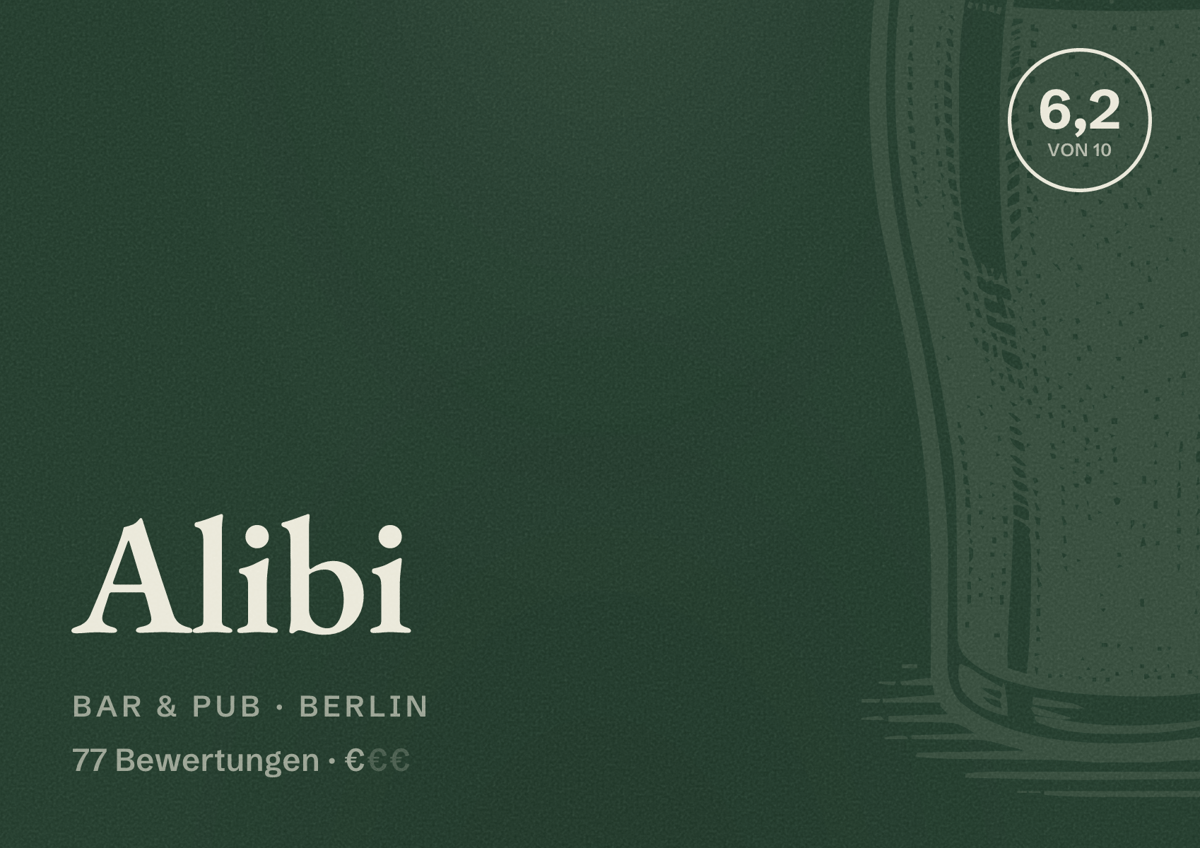 Illustriertes Poster von Alibi, Bar & Pub in Berlin: Bewertung 6,2 von 10 aus 77 Bewertungen, Preisniveau €
