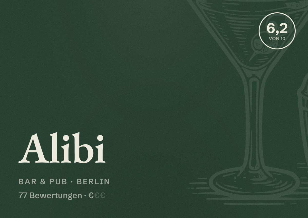 Illustriertes Poster von Alibi, Bar & Pub in Berlin: Bewertung 6,2 von 10 aus 77 Bewertungen, Preisniveau €