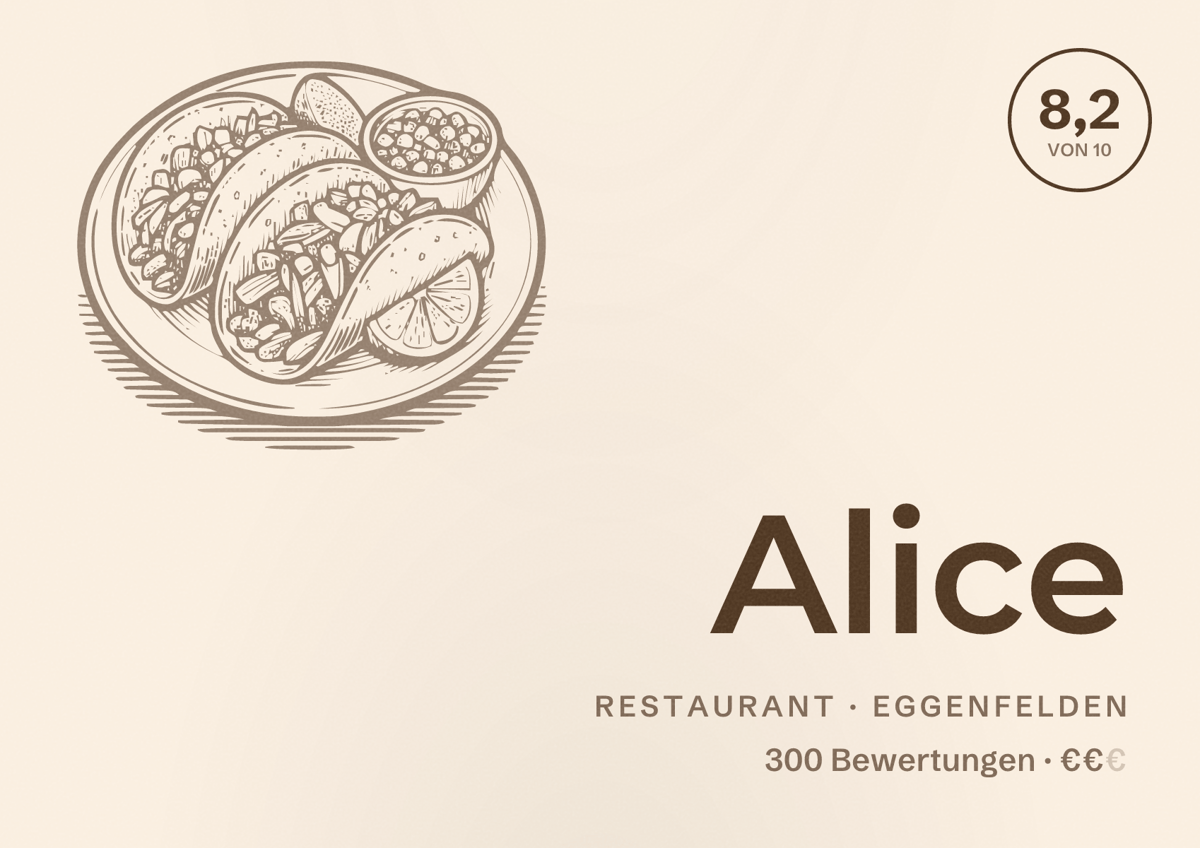 Illustriertes Poster von Alice, Restaurant in Eggenfelden: Bewertung 8,2 von 10 aus 300 Bewertungen, Preisniveau €€