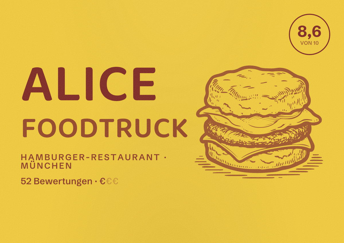 Illustriertes Poster von Alice Foodtruck, Hamburger-Restaurant in München: Bewertung 8,6 von 10 aus 52 Bewertungen, Preisniveau €