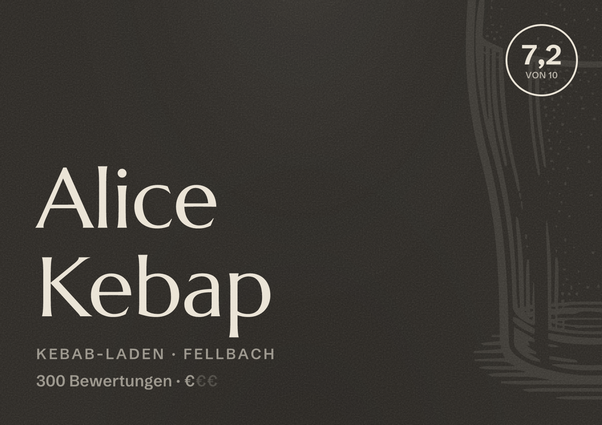 Illustriertes Poster von Alice Kebap, Kebab-Laden in Fellbach: Bewertung 7,2 von 10 aus 300 Bewertungen, Preisniveau €