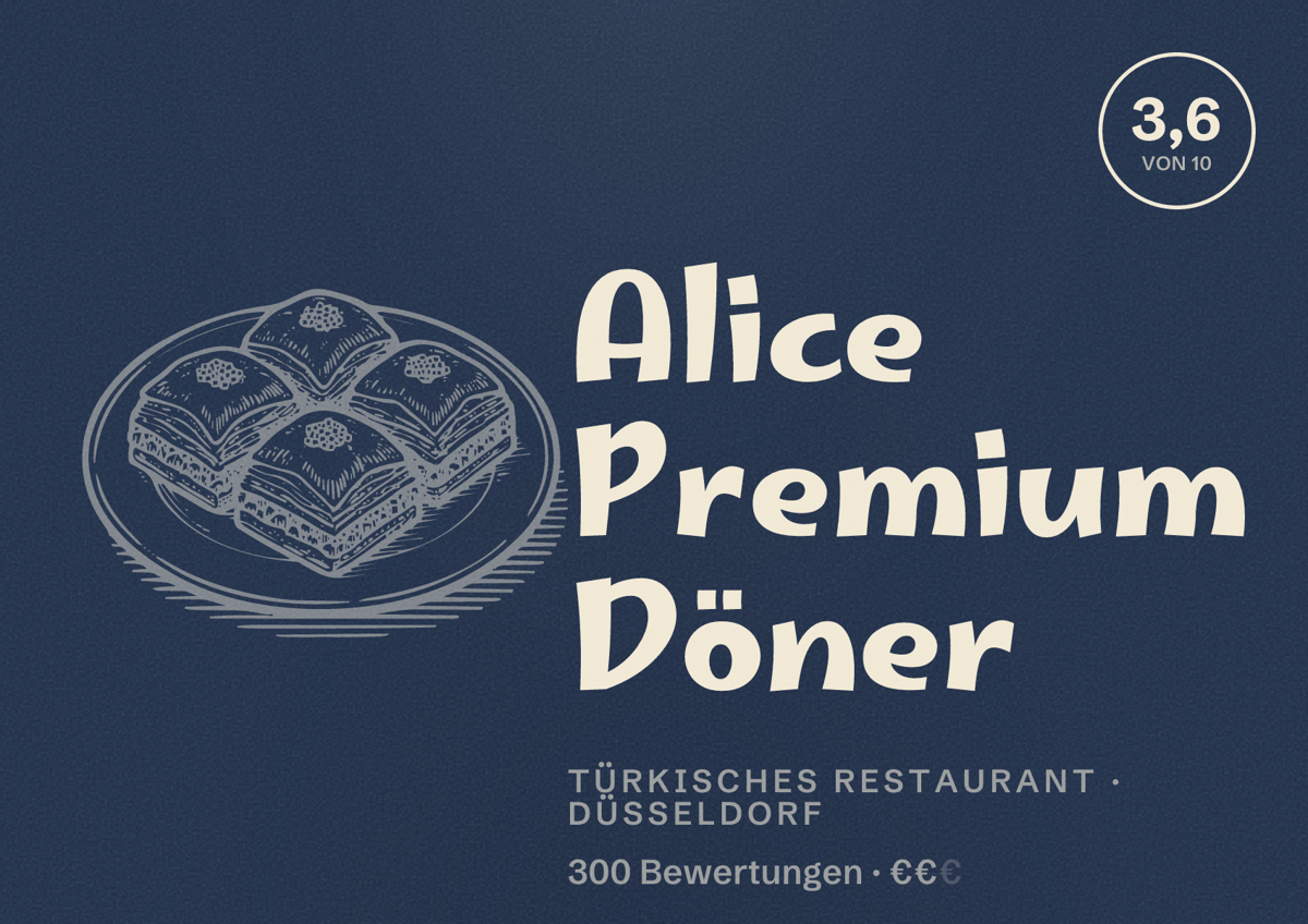 Illustriertes Poster von Alice Premium Döner, Türkisches Restaurant in Düsseldorf: Bewertung 3,6 von 10 aus 300 Bewertungen, Preisniveau €€