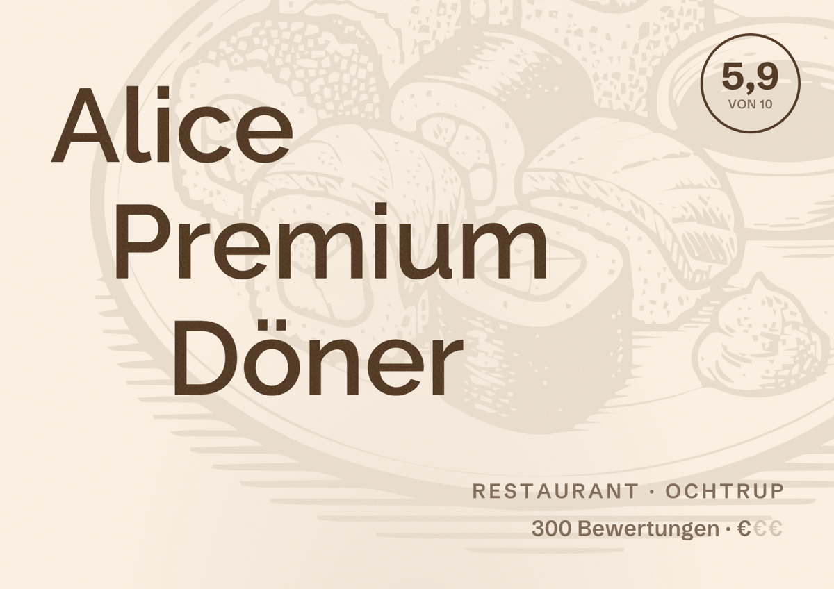 Illustriertes Poster von Alice Premium Döner, Restaurant in Ochtrup: Bewertung 5,9 von 10 aus 300 Bewertungen, Preisniveau €