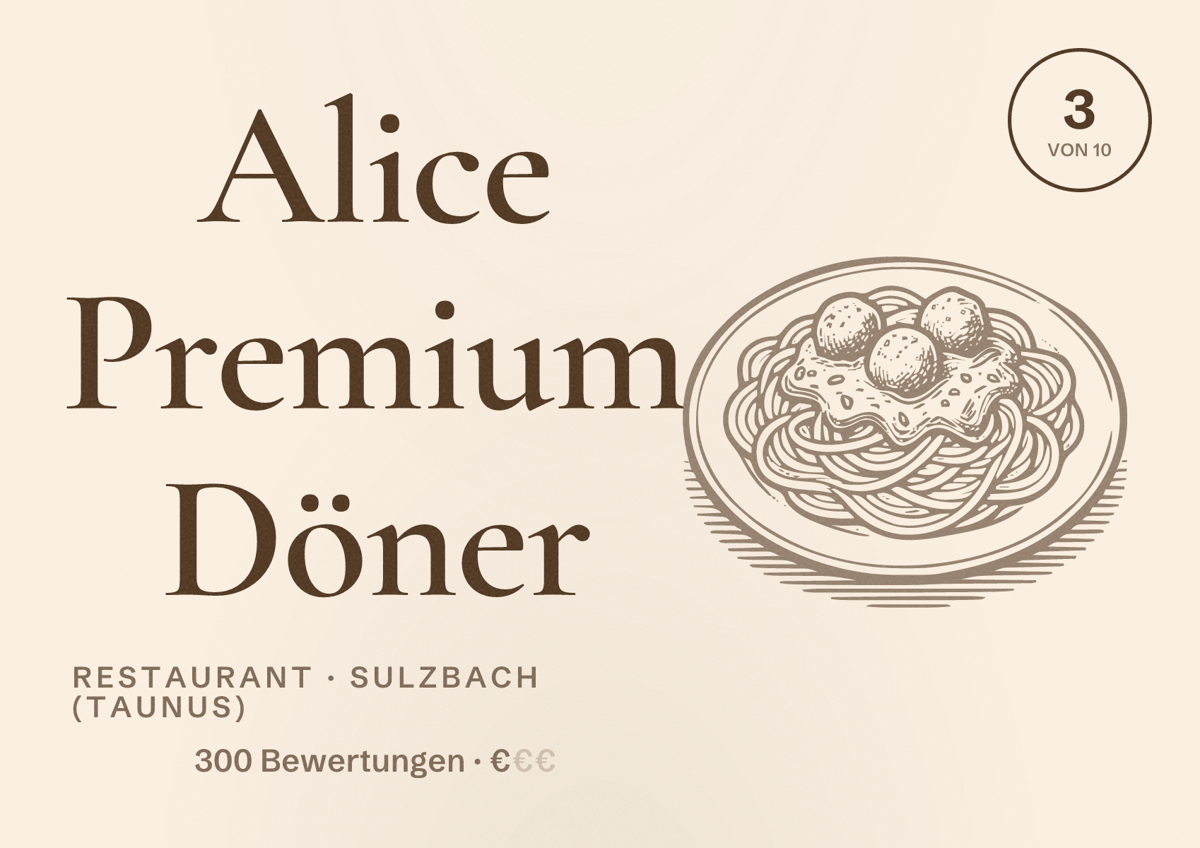 Illustriertes Poster von Alice Premium Döner, Restaurant in Sulzbach (Taunus): Bewertung 3 von 10 aus 300 Bewertungen, Preisniveau €