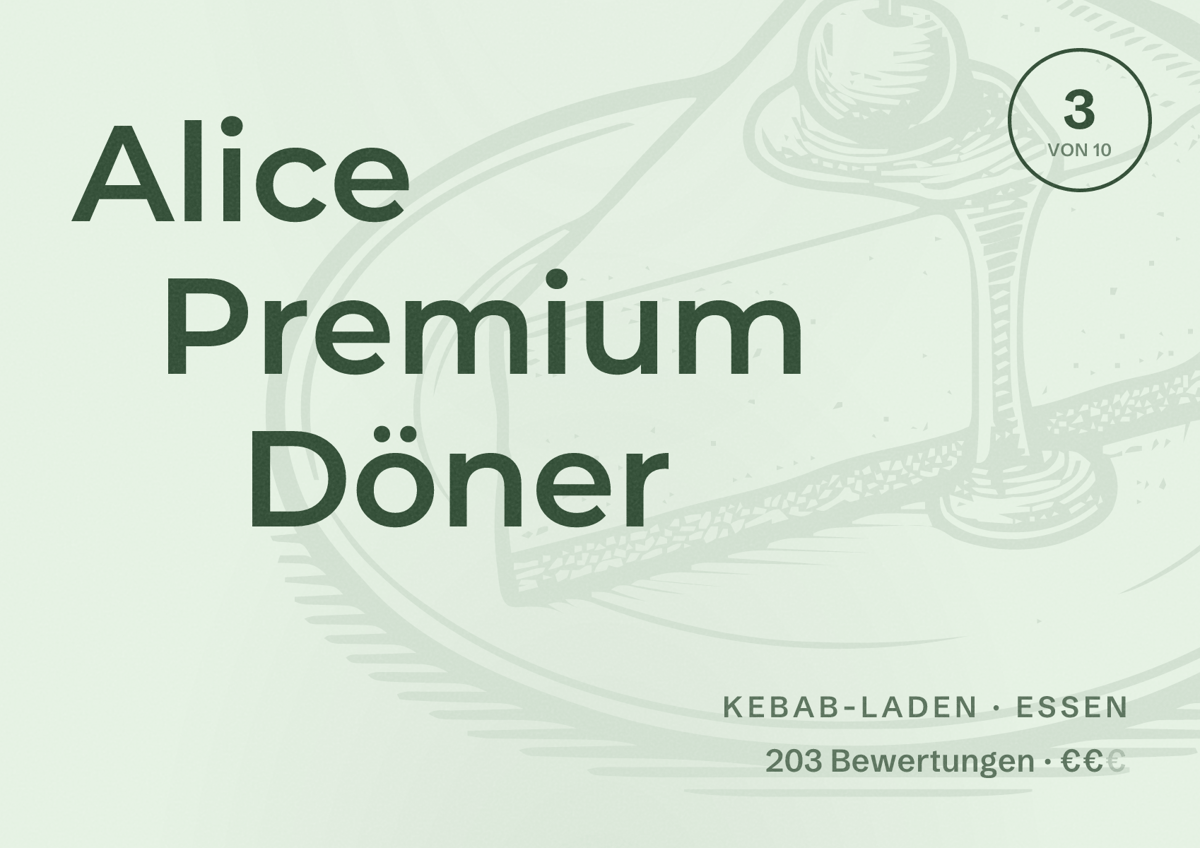 Illustriertes Poster von Alice Premium Döner, Kebab-Laden in Essen: Bewertung 3 von 10 aus 203 Bewertungen, Preisniveau €€