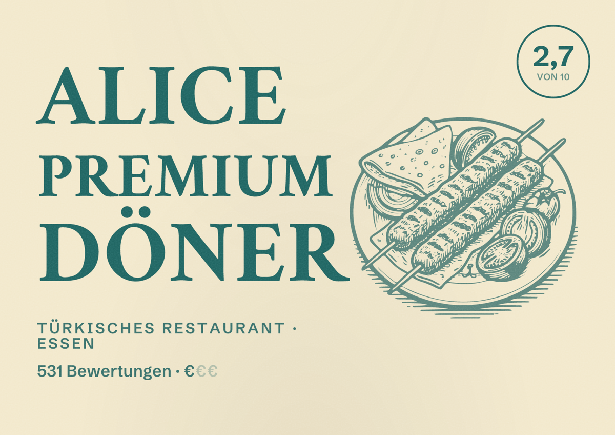 Illustriertes Poster von Alice Premium Döner, Türkisches Restaurant in Essen: Bewertung 2,7 von 10 aus 531 Bewertungen, Preisniveau €