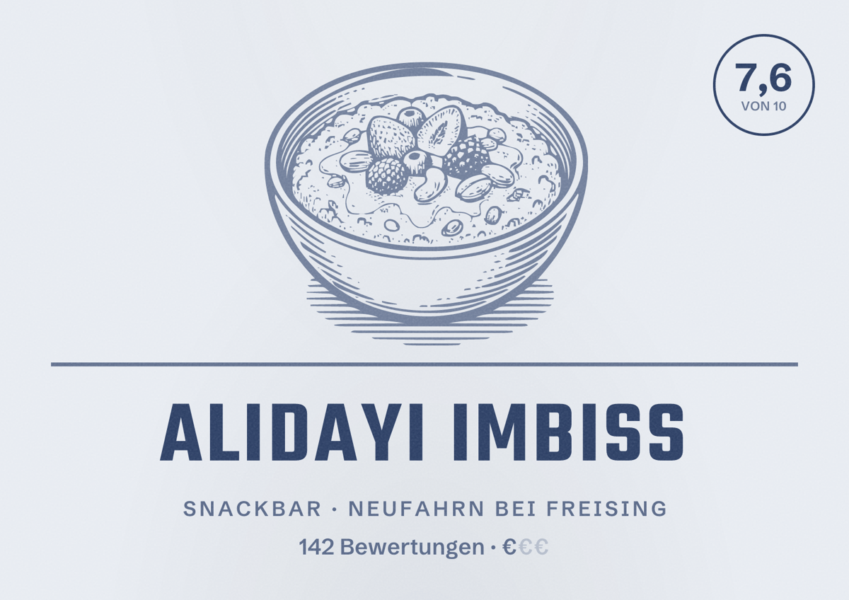Illustriertes Poster von Alidayi Imbiss, Snackbar in Neufahrn bei Freising: Bewertung 7,6 von 10 aus 142 Bewertungen, Preisniveau €