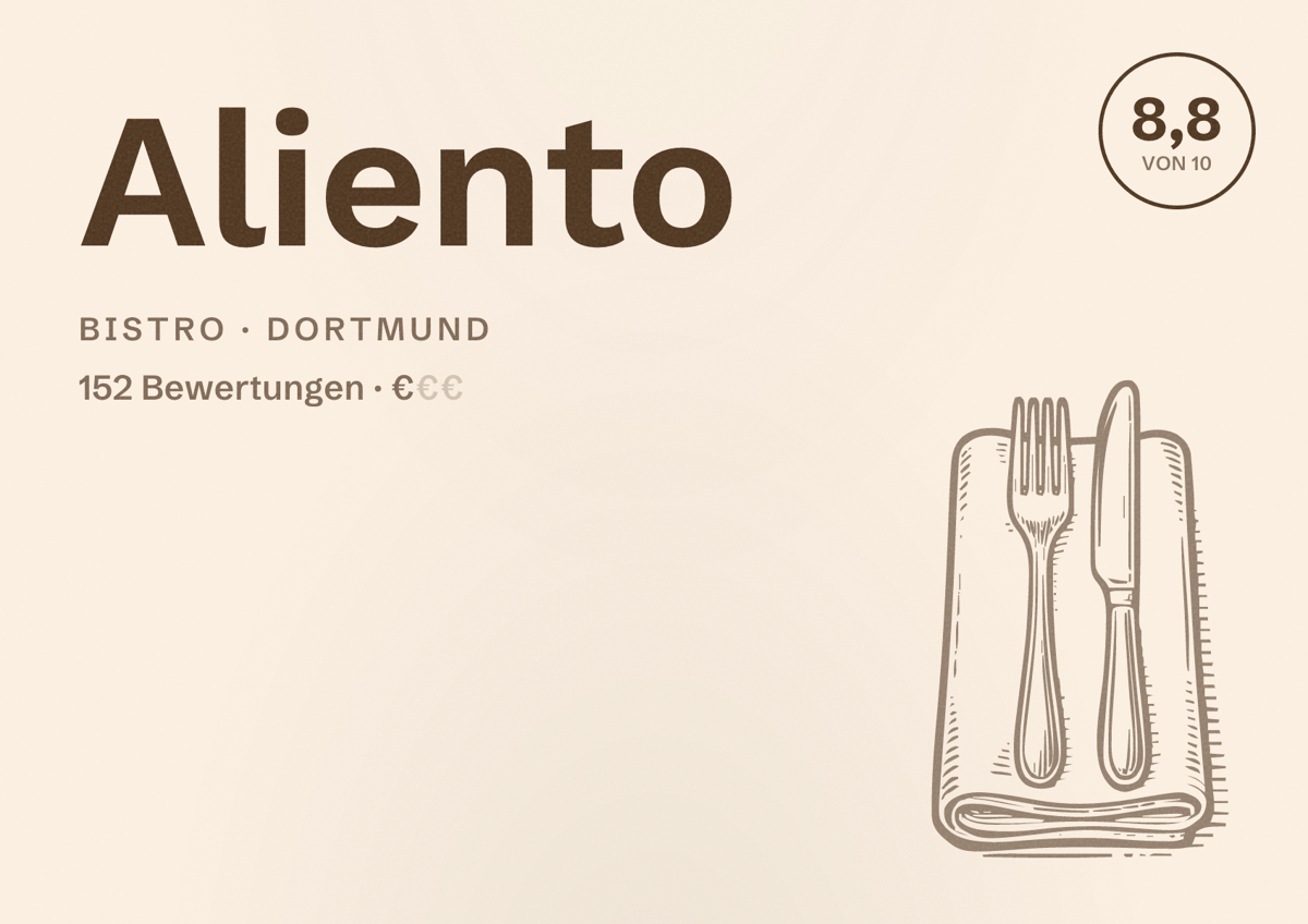 Illustriertes Poster von Aliento, Bistro in Dortmund: Bewertung 8,8 von 10 aus 152 Bewertungen, Preisniveau €