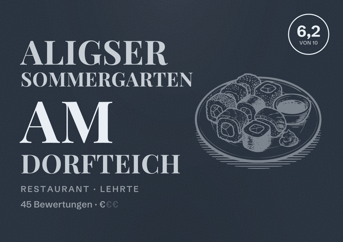 Illustriertes Poster von Aligser Sommergarten am Dorfteich, Restaurant in Lehrte: Bewertung 6,2 von 10 aus 45 Bewertungen, Preisniveau €