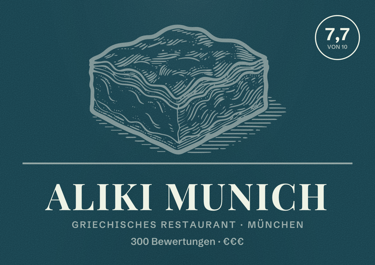 Illustriertes Poster von Aliki Munich, Griechisches Restaurant in München: Bewertung 7,7 von 10 aus 300 Bewertungen, Preisniveau €€€