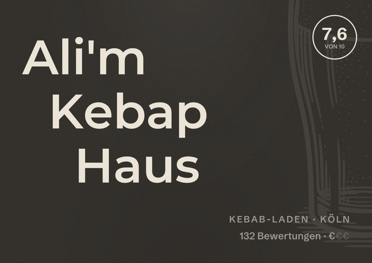 Illustriertes Poster von Ali'm Kebap Haus, Kebab-Laden in Köln: Bewertung 7,6 von 10 aus 132 Bewertungen, Preisniveau €