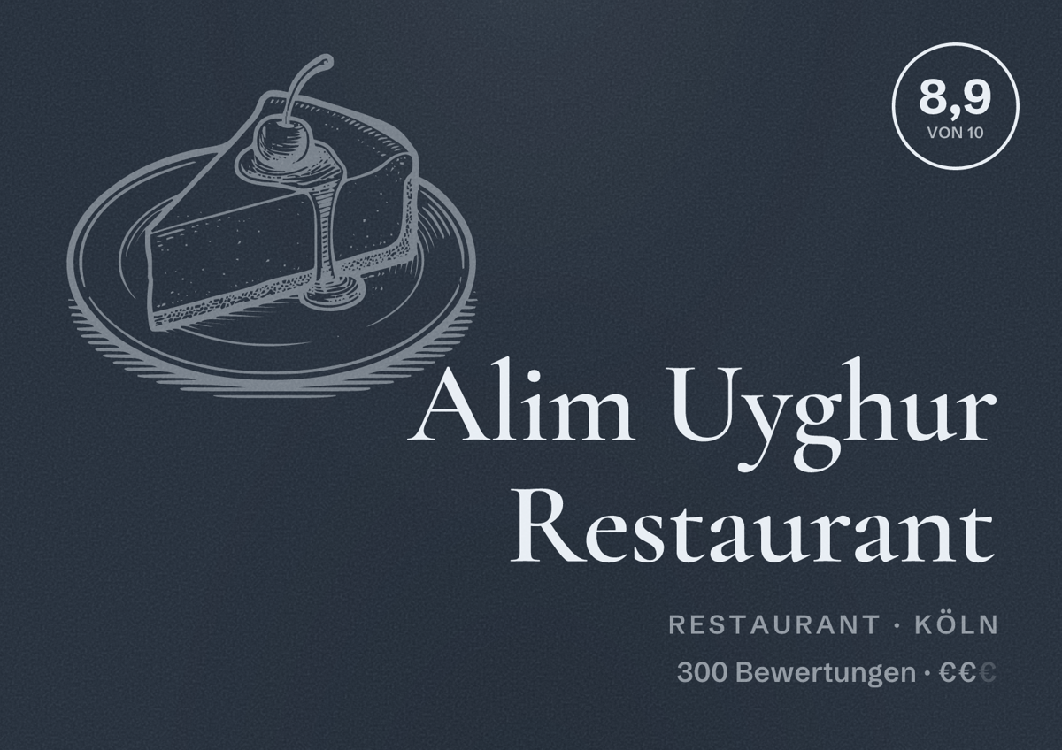 Illustriertes Poster von Alim Uyghur Restaurant, Restaurant in Köln: Bewertung 8,9 von 10 aus 300 Bewertungen, Preisniveau €€