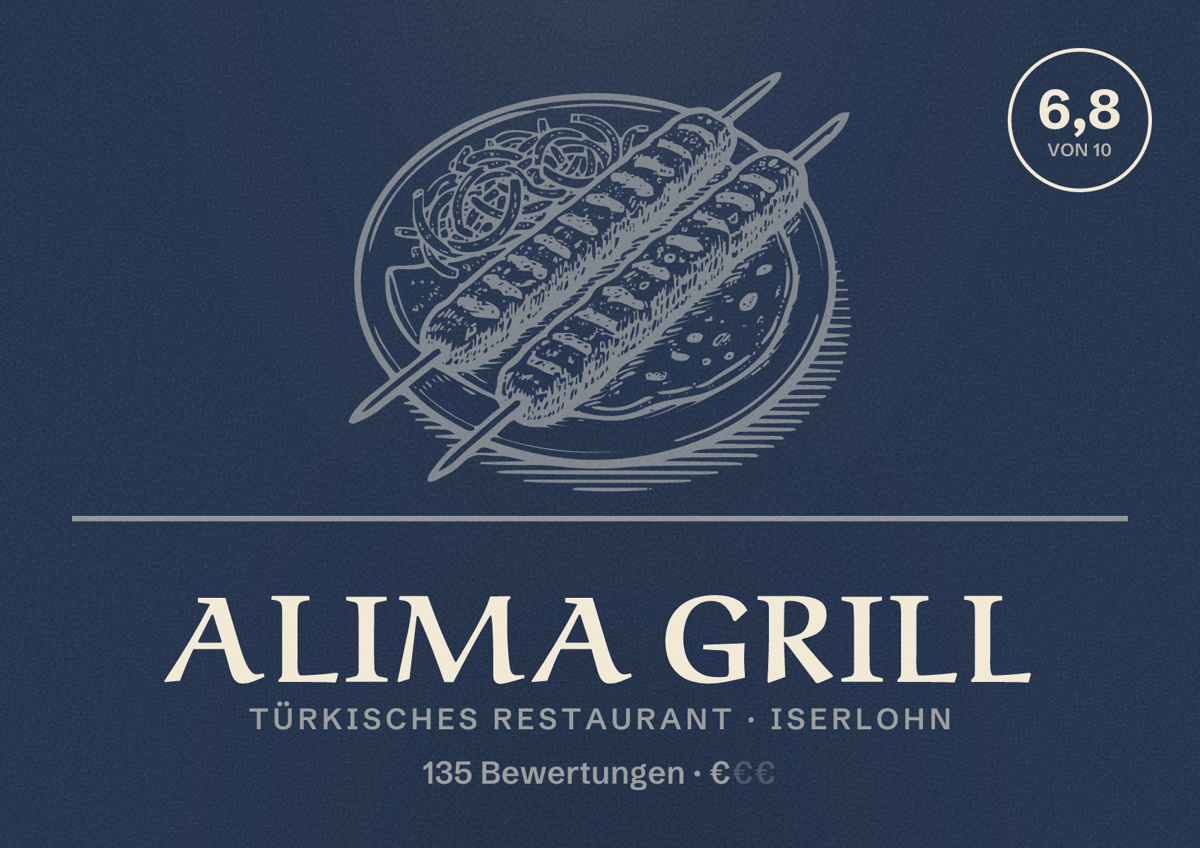 Illustriertes Poster von Alima Grill, Türkisches Restaurant in Iserlohn: Bewertung 6,8 von 10 aus 135 Bewertungen, Preisniveau €