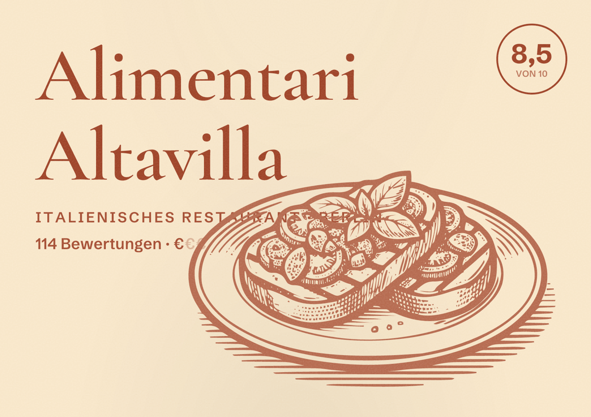 Illustriertes Poster von Alimentari Altavilla, Italienisches Restaurant in Berlin: Bewertung 8,5 von 10 aus 114 Bewertungen, Preisniveau €