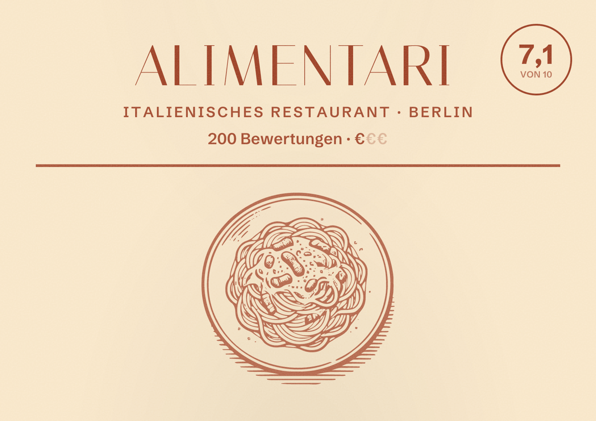 Illustriertes Poster von Alimentari, Italienisches Restaurant in Berlin: Bewertung 7,1 von 10 aus 200 Bewertungen, Preisniveau €