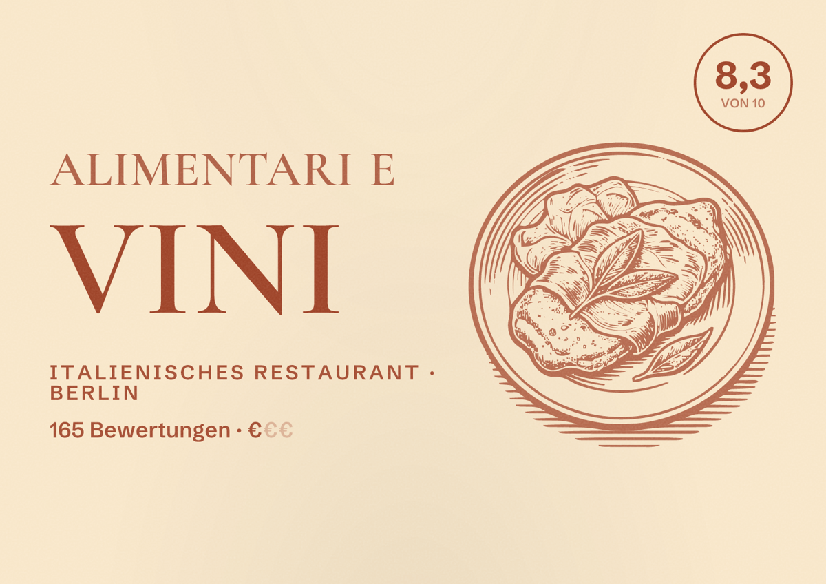 Illustriertes Poster von Alimentari e Vini, Italienisches Restaurant in Berlin: Bewertung 8,3 von 10 aus 165 Bewertungen, Preisniveau €