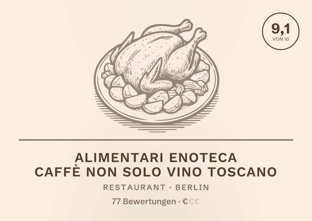 Illustriertes Poster von Alimentari Enoteca Caffè Non Solo Vino Toscano, Restaurant in Berlin: Bewertung 9,1 von 10 aus 77 Bewertungen, Preisniveau €