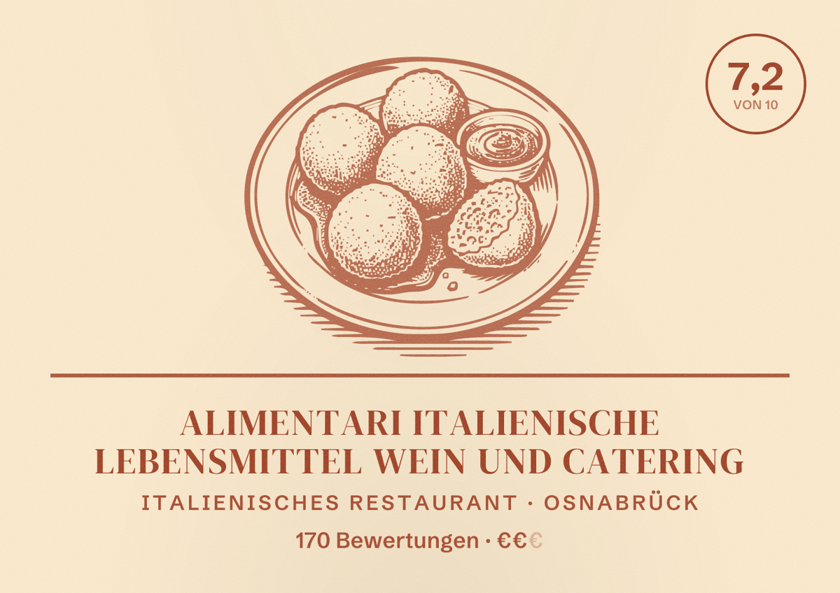 Illustriertes Poster von alimentari Italienische Lebensmittel Wein und Catering, Italienisches Restaurant in Osnabrück: Bewertung 7,2 von 10 aus 170 Bewertungen, Preisniveau €€