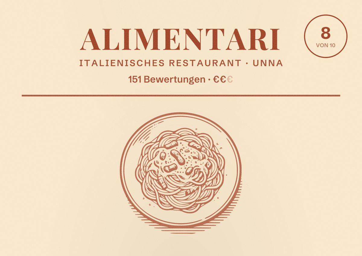 Illustriertes Poster von Alimentari, Italienisches Restaurant in Unna: Bewertung 8,0 von 10 aus 151 Bewertungen, Preisniveau €€